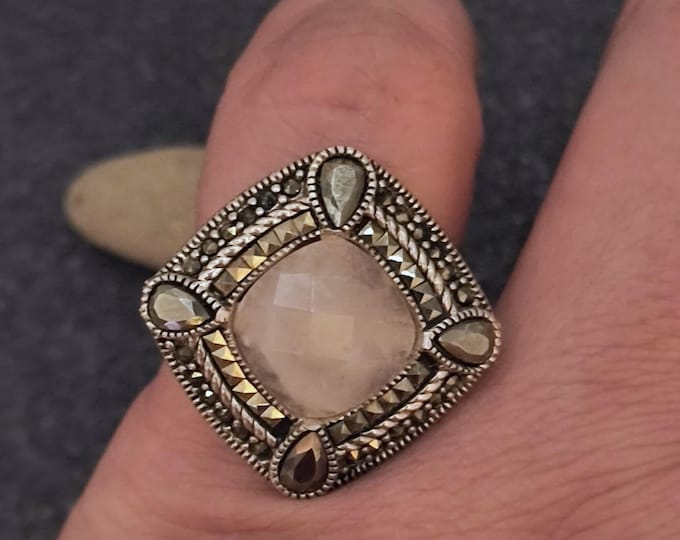 Rose Quartz Ring with Excellent Faceting, Marcasites-  Sterling Silver - Ring size US 6