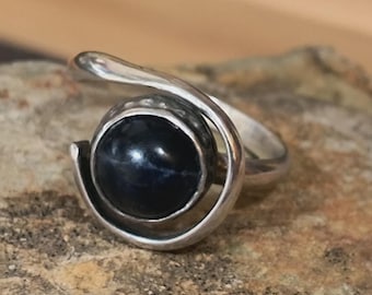 Vintage Sodalite And Sterling Silver Ring, Size 7, Arts & Crafts Era, Handmade