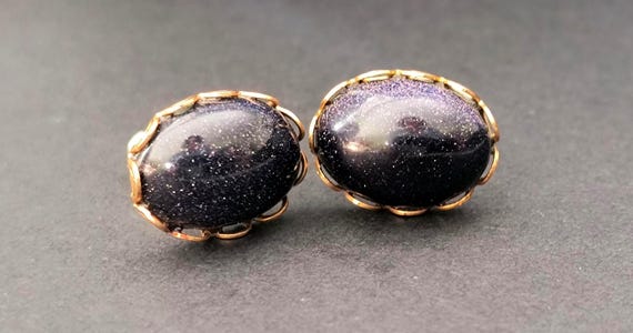 Vintage Goldstone Earrings - Deep Cobalt Blue Gems with Bright Gold Glitter