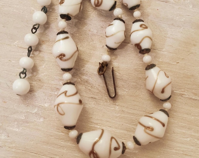 Antique Japanese Wedding Cake Bead Choker Necklace in Gold & White, 1920-30s Carnival Glass