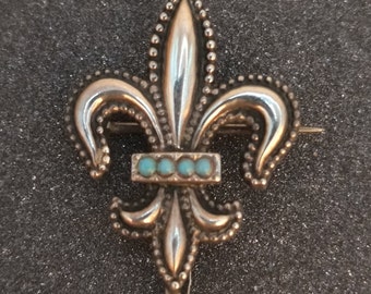 Victorian Turquoise Sterling Fleur de Lis Watch Pin, Brooch - 33 x 24mm - Arrives Gift Boxed for Mother's Day, Bridal or Wedding Day!