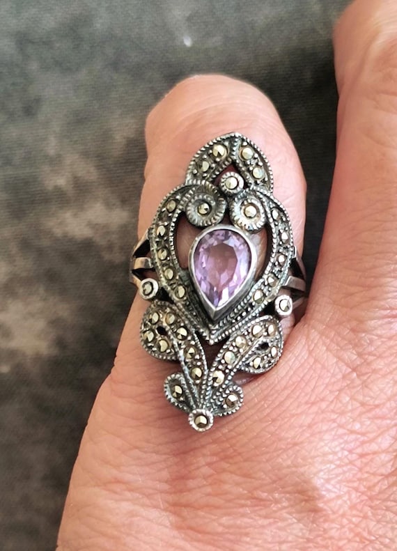 Art Deco Amethyst & Marcasite Ring in Sterling Silver, size 6.5