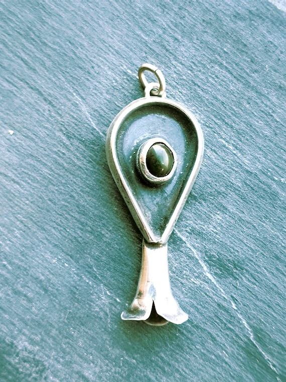 Antique Turquoise Squash Blossom Pendant from American Southwest, Native American Pawn Silver Necklace