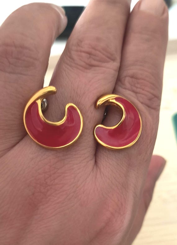 Vintage MONET Stud Earrings in Crimson and Gold Hues