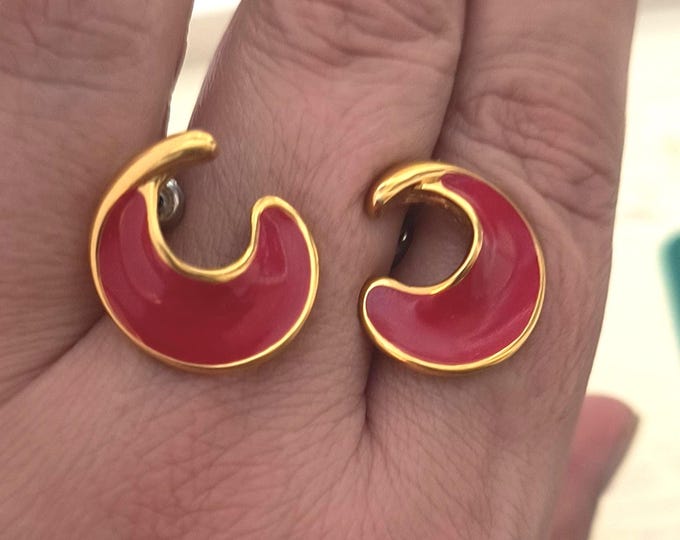 Vintage MONET Stud Earrings in Crimson and Gold Hues