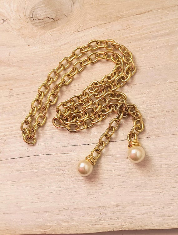 Pearl Lariat Nekclace - Chunky Yellow Goldtone Chain, 28 inch long