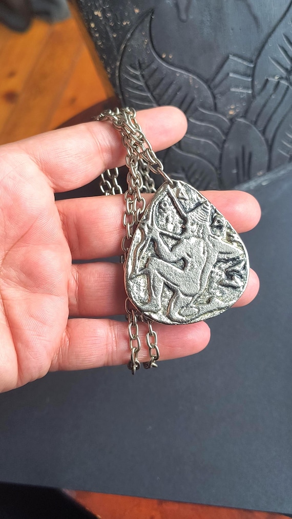 Vintage Talisman Necklace Depicting Hunter & Dove in Ancient Greek Fresco - Large Size, Long Chain