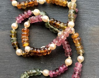 Rainbow Tourmaline Necklace with Pearl Accents, Beautiful Heirloom Quality Gift Piece