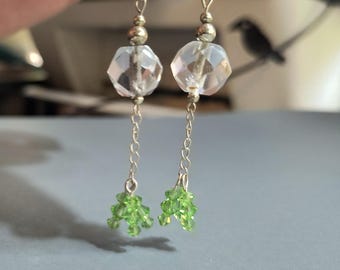 1920s Deco Crystal Beads w/ Peridot Green Swarvoski Accents - Unique Drop Earrings, Stocking Stuffer
