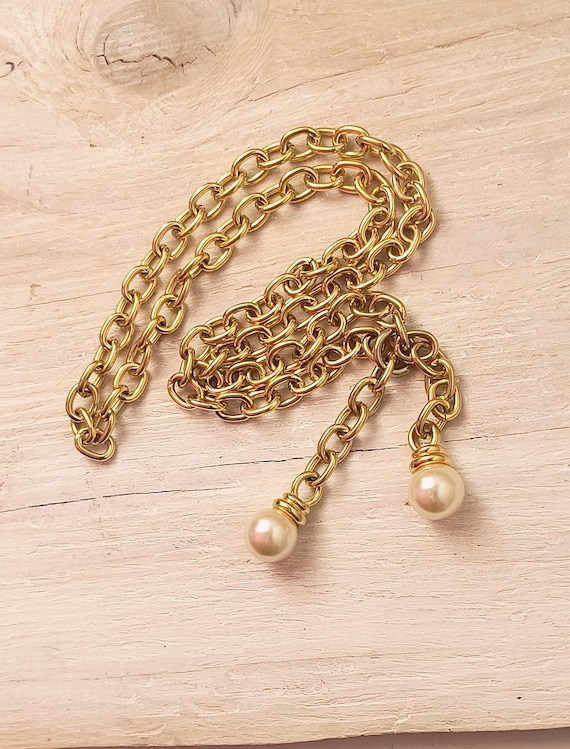 Vintage Gold & Pearl Costume Necklace - Lariat / Tassel Style