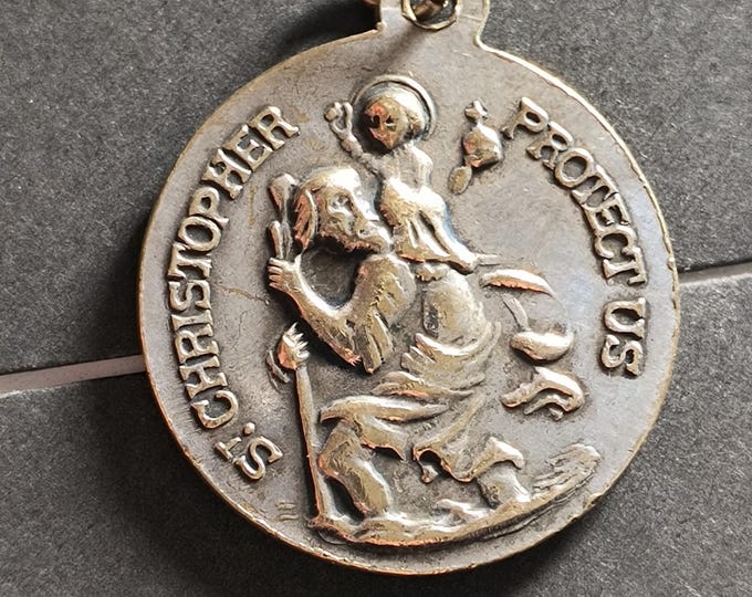 St Christopher & Pieta Double Sided SIlver Medal, Vintage Catholic Protection Medal
