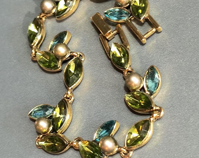 Art Nouveau Style Faux Peridot, Topaz & Pearl Costume Bracelet