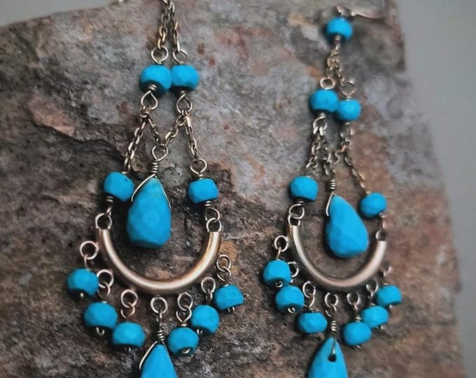 Vintage Gold-filled Turquoise Bead Earrings Chandelier Dangles, Incredible BLUE