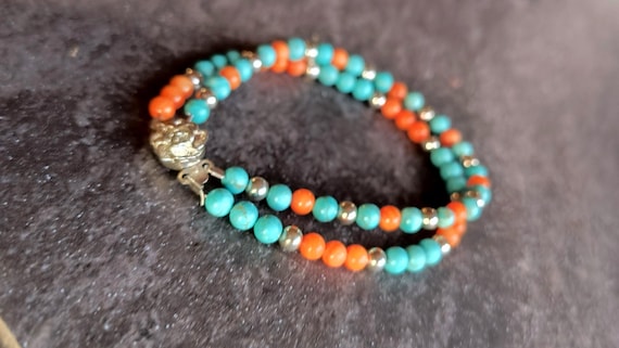 Turquoise & Coral Double Strand Necklace with Floral Rose Clasp - 6.5 inches