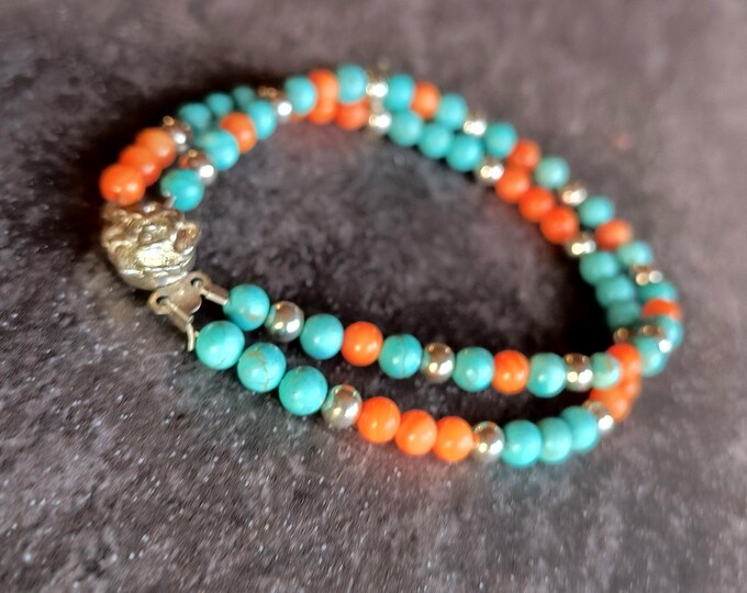 Turquoise & Coral Double Strand Necklace with Floral Rose Clasp - 6.5 inches