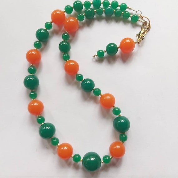 Vintage Japanese Glass Bead Choker Necklace, Tropical Orange & Green Hues