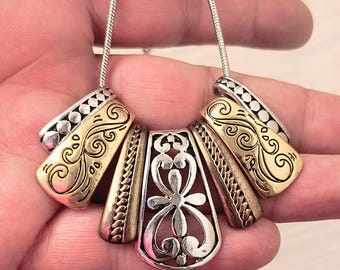 Multi-Metal Necklace & Earrings with Sliding Panels, Decorative Scrollwork and Stamping
