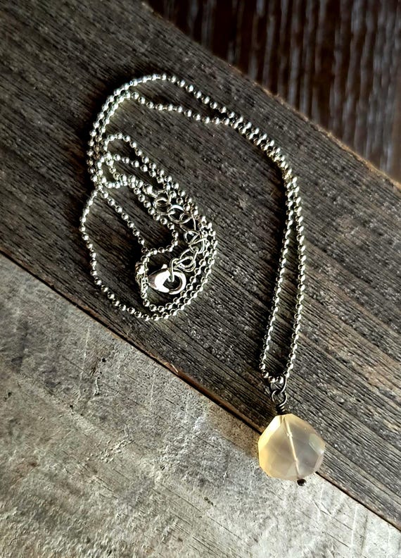 Natural Chalcedony Teardrop Pendant on Simple Silver Chain, Minimalist and Unisex