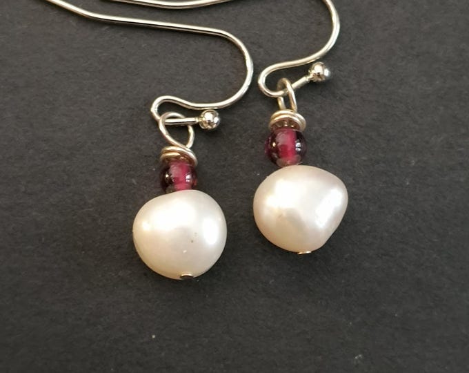 Garnet and Pearl Drop Earrings - Silver Plated