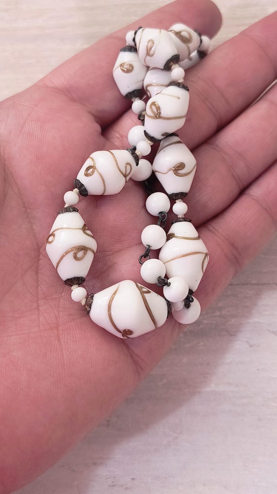 Antique Glass Bead Necklace, Handblown White & Gold Art Glass, Circa 1900s