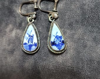 Antique Delft Blue Enamel Earrings: Holland Windmill Design, 835 Silver