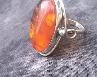 VINTAGE Baltic Amber & Sterling Silver Ring, Boho Style Bold Statement Ring