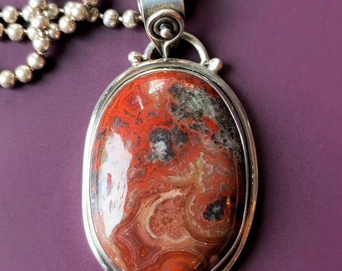 Rare Red Jasper Pendant w/ Geodes, Moss Agate Inclusions, Extreme Color - Set in Sterling Silver w/ Decorative Bail