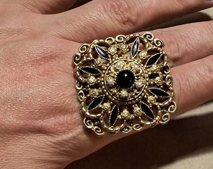 Black Enamel Rhinestone Brooch or Pendant - Victorian Mourning Style