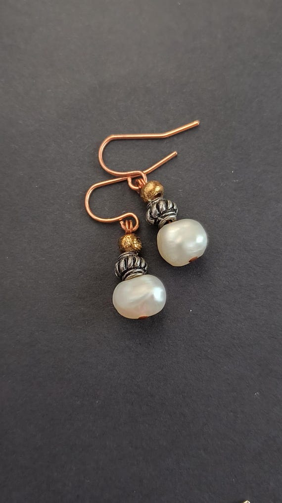 Ancient Style Pearl Drop Earrings in Mixed Metals - Go to