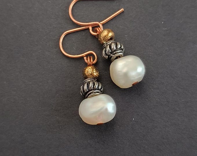 Ancient Style Pearl Drop Earrings in Mixed Metals - Go to