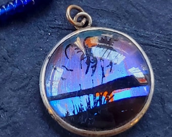 Painted Butterfly Wing Pendant from the 1930s, Set in Sterling Silver