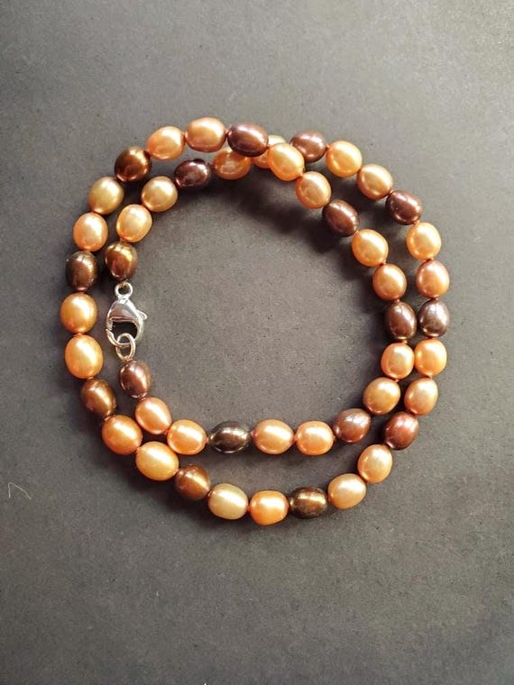 Vintage Pearl Necklace - Freshwater Cultured Pearls in Pale Pink and Velvety Brown