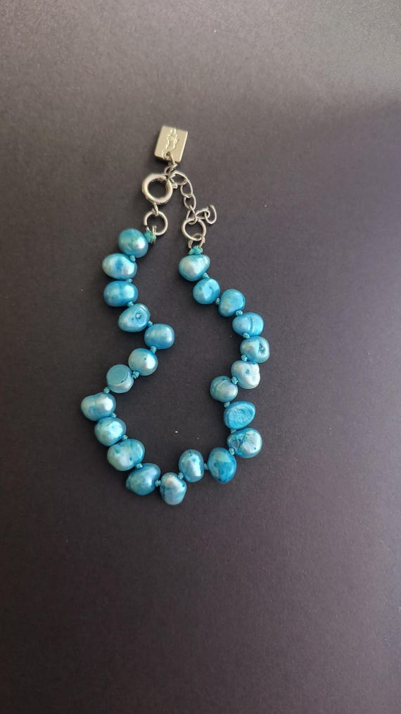 Freshwater Pearl Bracelet - Blue Pearls on Turquoise Silk Thread, Sterling Silver Adjustable Clasp
