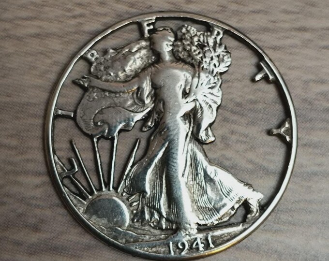 Vintage 1941 Walking Liberty Silver Half Dollar Cut Out Coin Pendant, GORGEOUS!