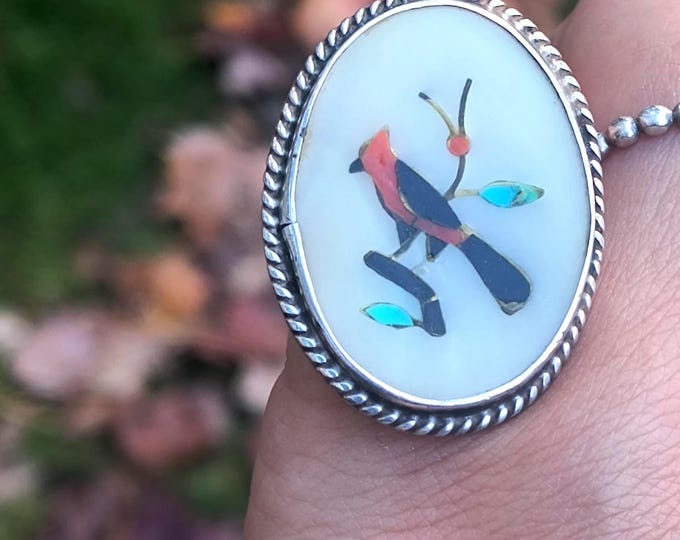 Zuni Cardinal Ring, Inlaid Coral, Turquoise & Shell - Sterling Silver