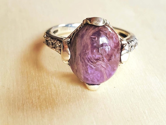 Art Deco Engagement or Cocktail Ring with Purple Natural Charoite Gemstone