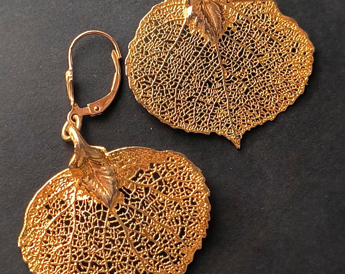 Vintage Aspen Leaf Earrings - Gold Dipped Real Botanicals from the 1970s