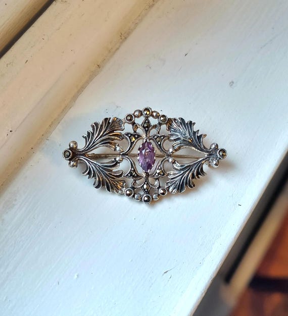 Vintage Art Deco Amethyst, Marcasite and Sterling Silver Brooch