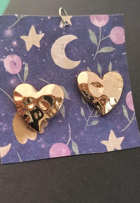 Vintage Heart Earrings, Simple Hammered Gold Texture