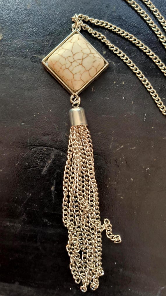 Vintage Necklace -  28" Tassel Pendant, Silvertone Long Chain, White Faux Howlite Center