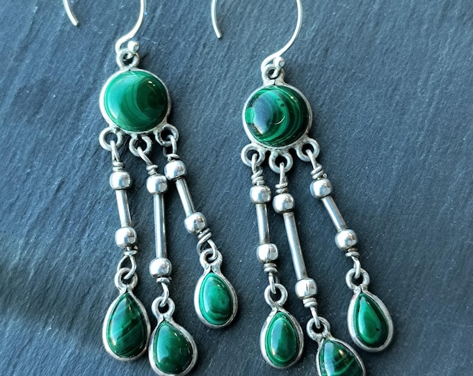 Malachite Earrings, Deep Green Chandelier Earrings with a Bohemian, Witchy Vibe