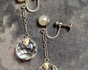 Art Deco Earrings with Pearl and Crystal - Long Faceted Drop Earrings from the 1920s