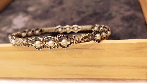Vintage Pearl Bangle Bracelet, Gilt Gold Wrapped Wire Artisan Jewelry