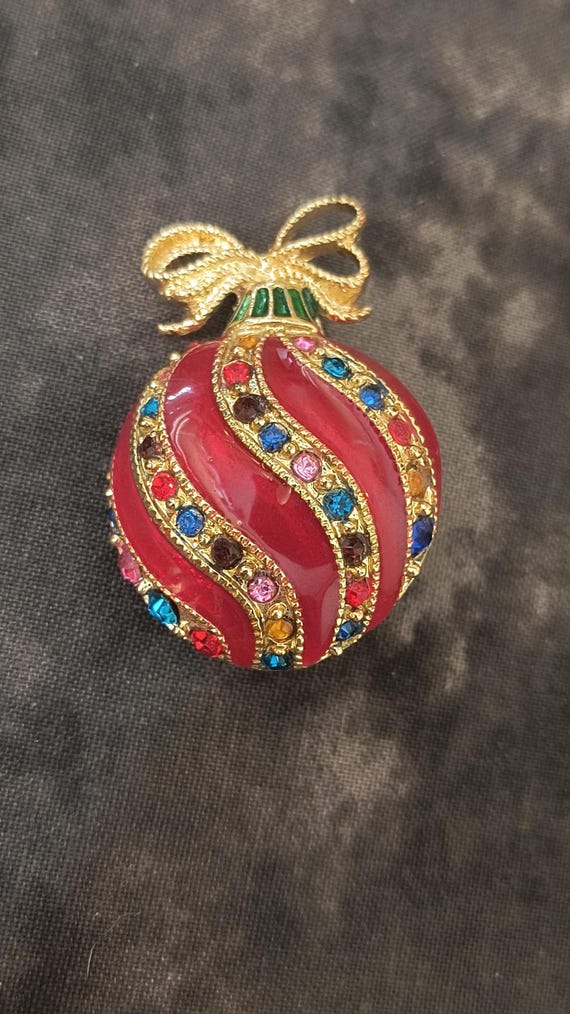 Vintage Christmas Brooch - Ornament Pin Circa Mid 1900s Enamel and Rhinestones