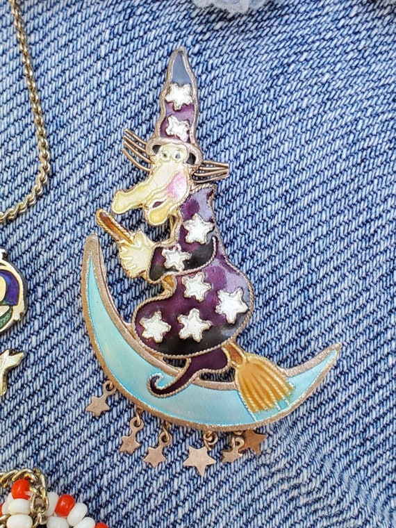 VIntage Enamel Witch, Broom and Crescent Moon Brooch with Moving Parts