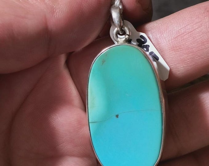Vintage Sterling Silver 925 Large Oval Turquoise Pendant, Simple, Bright Colors