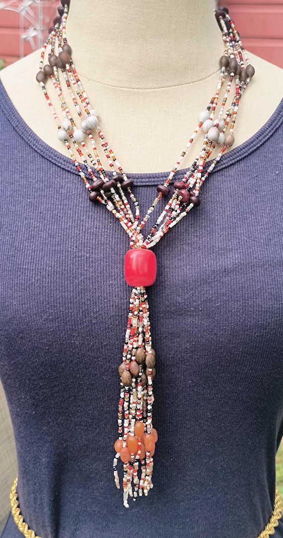 Vintage Handmade Bead Necklace from Africa - Multistrand Tassel, Colorful Glass
