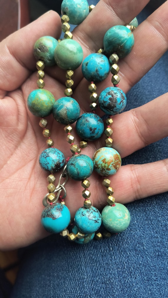 Handmade Turquoise Bead Mala Necklace, features Antique Gold Gilt Beads