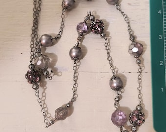 Vintage Station Necklace - Purple Rhinestone and Faux Pearl, SIlver Filigree Beads