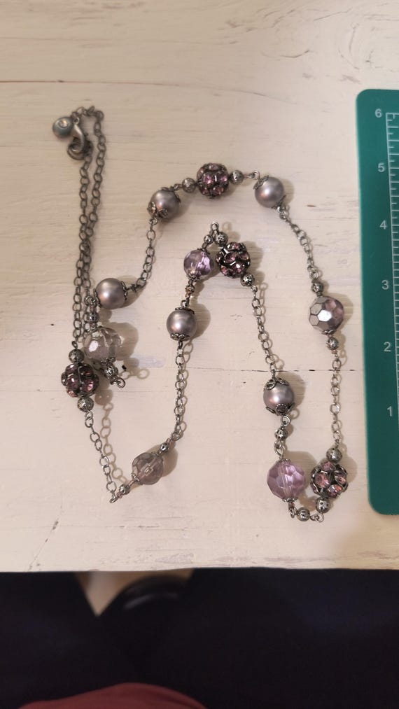 Vintage Station Necklace - Purple Rhinestone and Faux Pearl, SIlver Filigree Beads